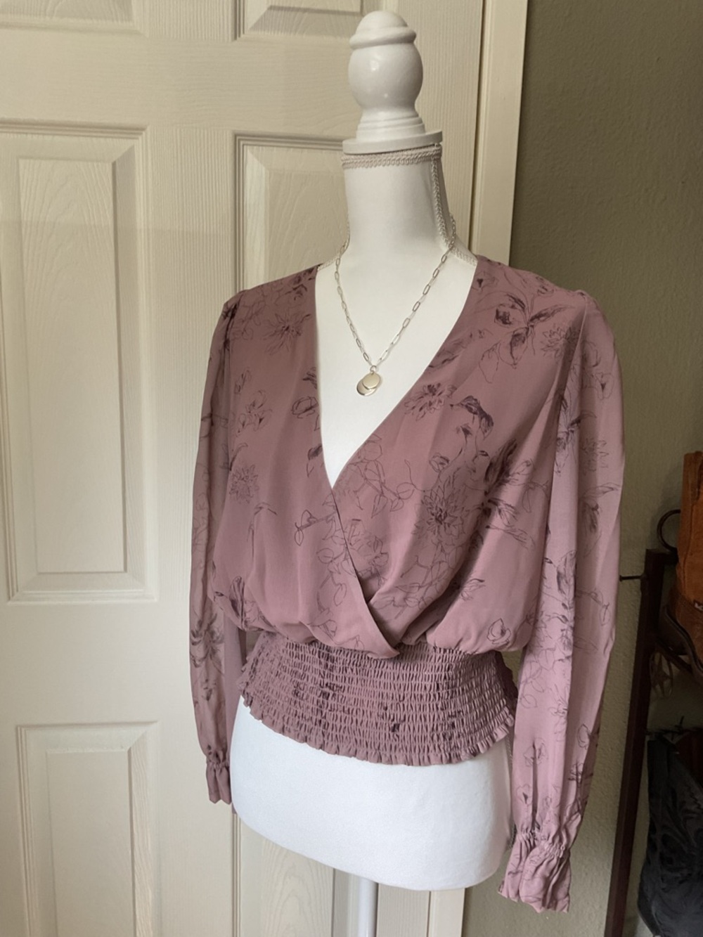 Elie Tahari Dusty Mauve Floral Wrap-Style Blouse
